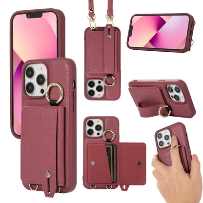 Wristband Wallet Crossbody Leather iPhone Case – Ring Holder & Card Slot Cover for iPhone 11 to 16 Pro Max