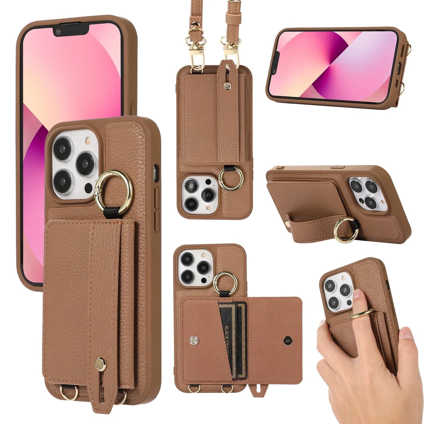 Wristband Wallet Crossbody Leather iPhone Case – Ring Holder & Card Slot Cover for iPhone 11 to 16 Pro Max