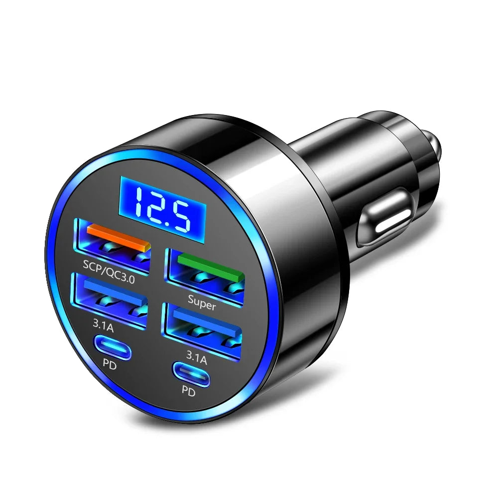 100W 6-Port Fast Car Charger with USB-C PD & QC3.0 | Multi-Device Car Adapter for iPhone, Samsung & More