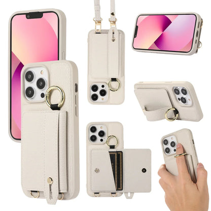 Wristband Wallet Crossbody Leather iPhone Case – Ring Holder & Card Slot Cover for iPhone 11 to 16 Pro Max