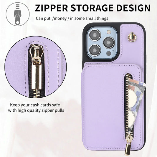 Zipper Crossbody Wallet Case for iPhone – Card Holder, Lanyard Strap, and Secure Zipper Pocket