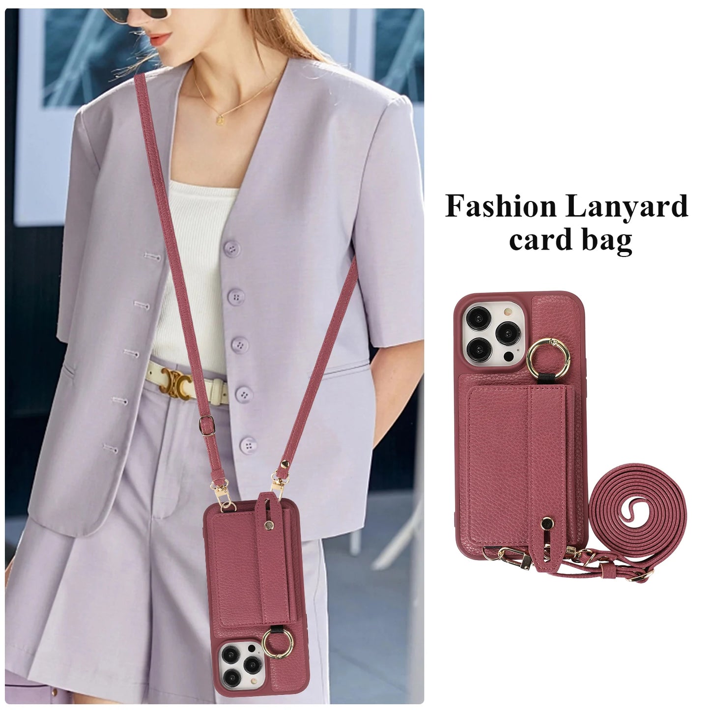 Wristband Wallet Crossbody Leather iPhone Case – Ring Holder & Card Slot Cover for iPhone 11 to 16 Pro Max
