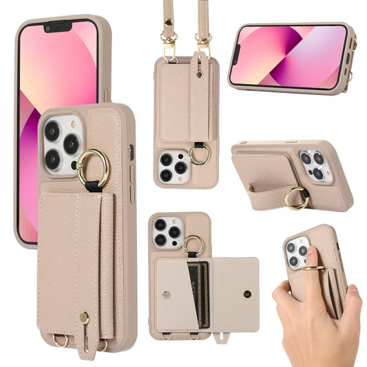 Wristband Wallet Crossbody Leather iPhone Case – Ring Holder & Card Slot Cover for iPhone 11 to 16 Pro Max