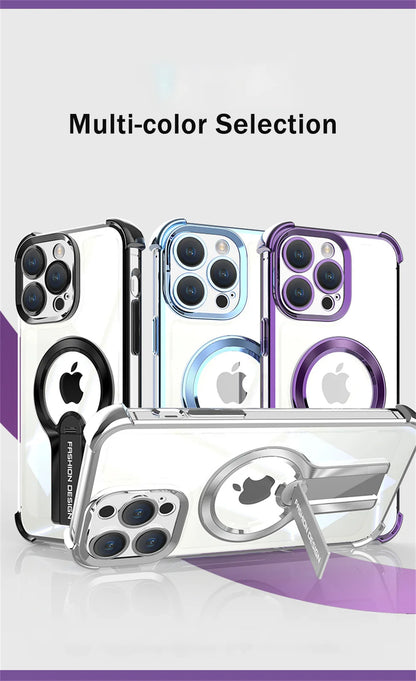 Luxury Transparent Magnetic Armor iPhone Case with Hidden Folding Stand – Shockproof Back Cover for iPhone 11 to 16 Pro Max