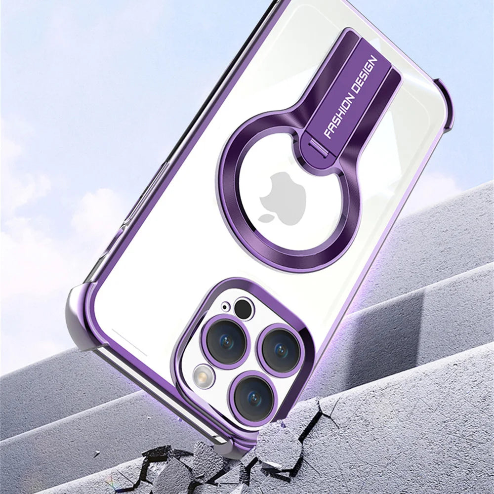 Luxury Transparent Magnetic Armor iPhone Case with Hidden Folding Stand – Shockproof Back Cover for iPhone 11 to 16 Pro Max