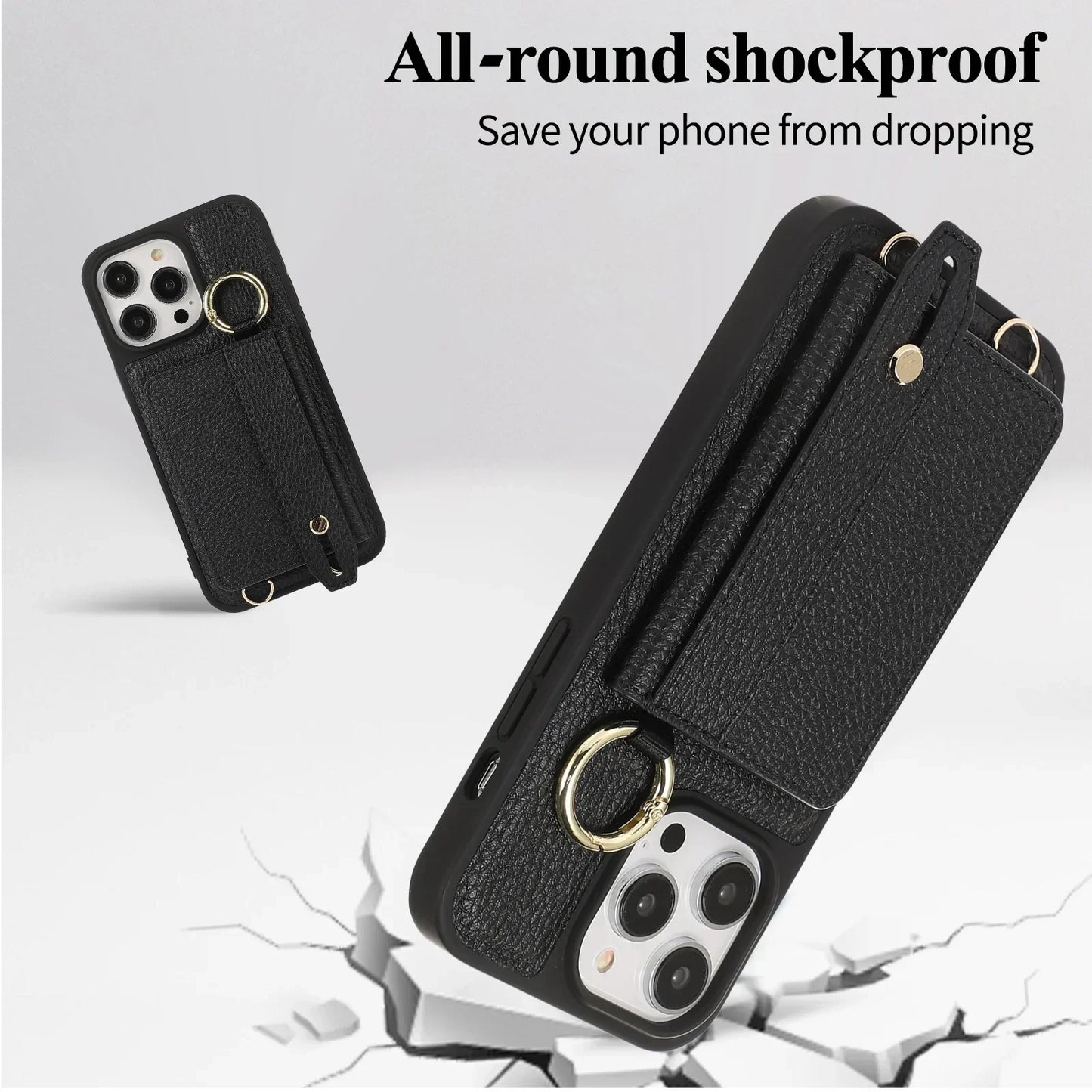 Wristband Wallet Crossbody Leather iPhone Case – Ring Holder & Card Slot Cover for iPhone 11 to 16 Pro Max